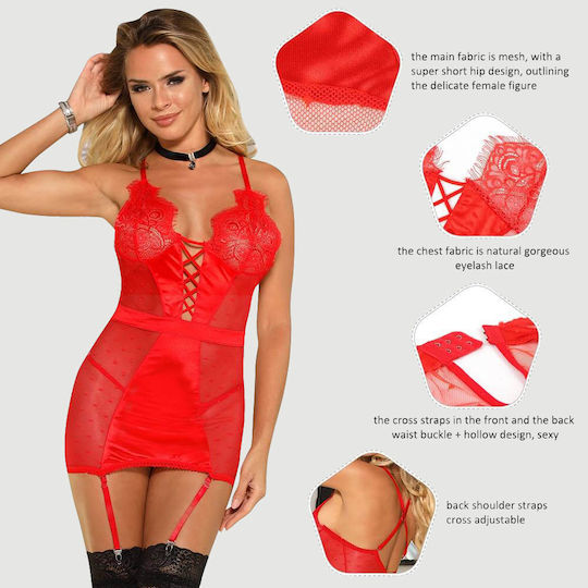 Plus Size Babydoll Garters & G-string Transparent Mesh Garter Lingerie G String Red Sexy Slim See Through Mesh Babydoll Red