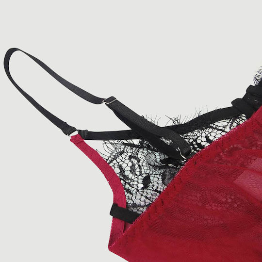 Plus Size Σέξι Διαφανές Σετ Babydoll Δαντέλα & Άνοιγμα Πλάτης Sexy Splicing Sheer Eyelash Trim Lace Back Split Babydoll Set Underwire – Κόκκινο