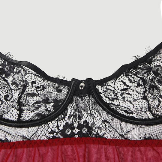 Plus Size Σέξι Διαφανές Σετ Babydoll Δαντέλα & Άνοιγμα Πλάτης Sexy Splicing Sheer Eyelash Trim Lace Back Split Babydoll Set Underwire – Κόκκινο