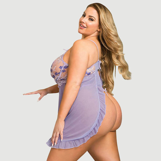 Plus Size Transparent Babydoll Back Slit Embroidery Transparent Mesh Babydoll Purple