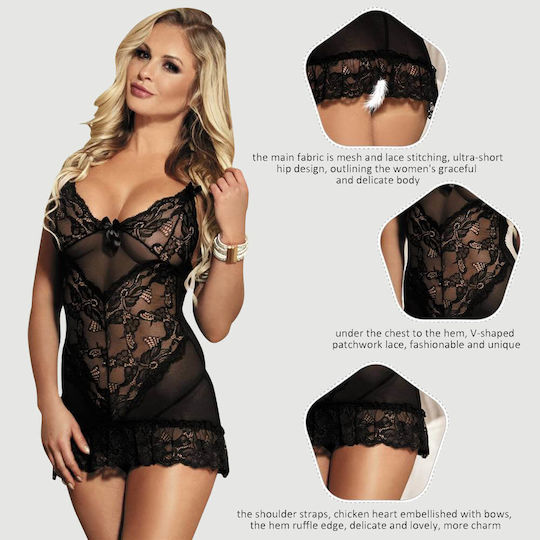 Plus Size Σέξι Απαλό Babydoll Δαντέλα & String Sexy Black Slim Deep V Neck Lace Sleepwear Thong Μαύρο