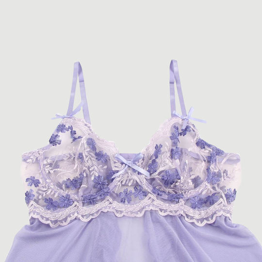 Plus Size Transparent Babydoll Back Slit Embroidery Transparent Mesh Babydoll Purple