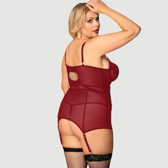 Plus Size Babydoll Garter Underwire Mesh Stitching Dark Red Lace Red