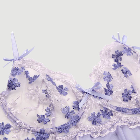Transparent Babydoll Back Slit Embroidery Transparent Mesh Babydoll Purple