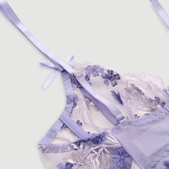 Transparent Babydoll Back Slit Embroidery Transparent Mesh Babydoll Purple