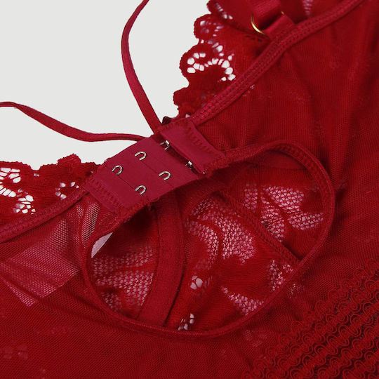 Plus Size Babydoll Garter Underwire Mesh Stitching Dark Red Lace Red