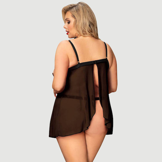 Plus Size Babydoll Δαντέλα & Λεπτό Κεντημένο Σχέδιο High End Delicate Embroidery Lace Babydoll & Lingerie Set Μαύρο