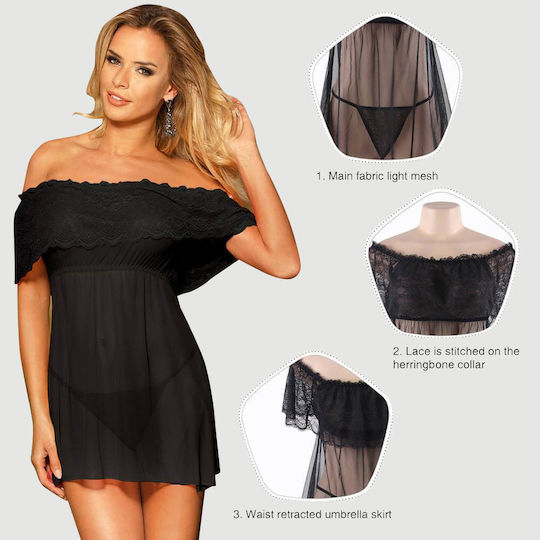 Σέξι Δαντελωτό Off Shoulder Babydoll Αγίου Βαλεντίνου Valentine‘s Day Style Off Shoulder Lace Sexy Babydoll – Μαύρο