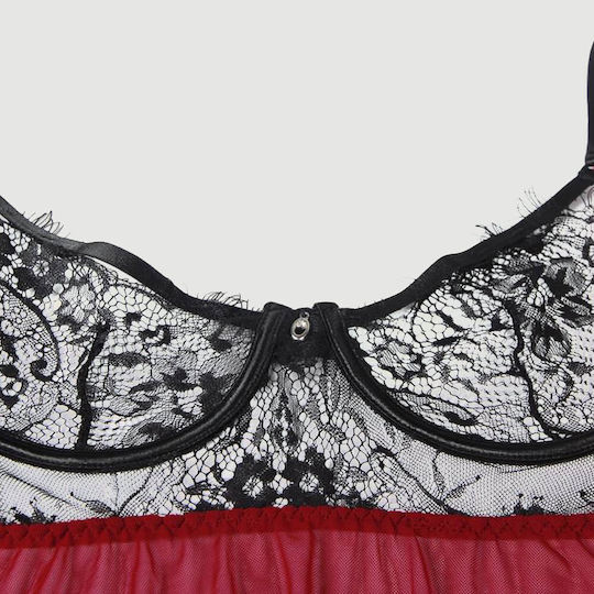 Σέξι Διαφανές Σετ Babydoll Δαντέλα & Άνοιγμα Πλάτης Sexy Splicing Sheer Eyelash Trim Lace Back Split Babydoll Set Underwire – Κόκκινο
