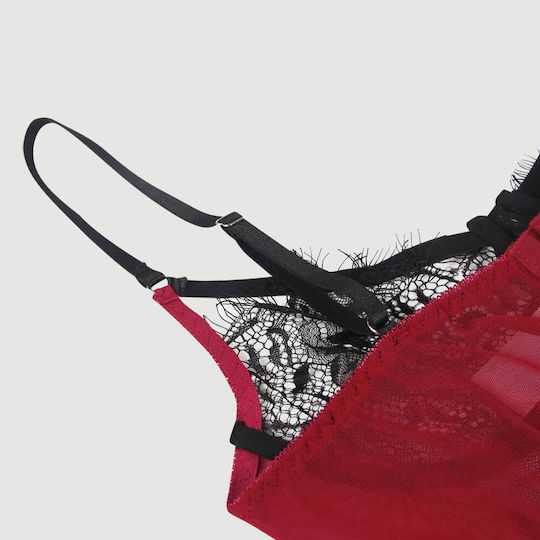 Σέξι Διαφανές Σετ Babydoll Δαντέλα & Άνοιγμα Πλάτης Sexy Splicing Sheer Eyelash Trim Lace Back Split Babydoll Set Underwire – Κόκκινο