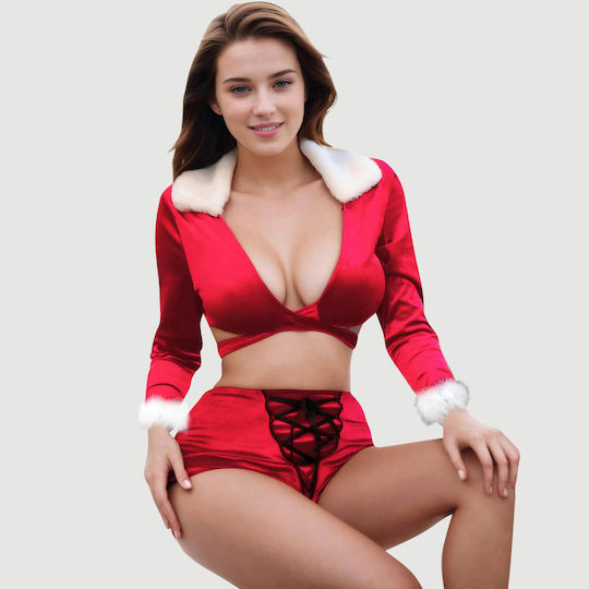 Σέξι Μακρυμάνικη Χριστουγεννιάτικη Στολή Sexy Long Sleeved Tie Up 2 Piece Christmas Suit – Κόκκινο