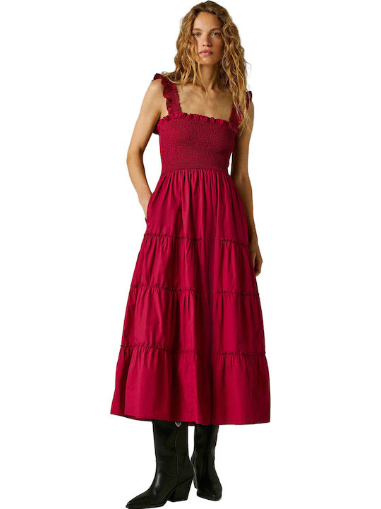 Summer Midi Dress with Ruffles Cranberry Pink