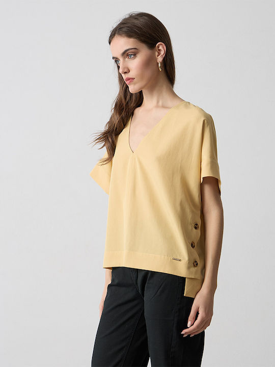Women's Short Sleeve Blouse with V-Neckline Banana
