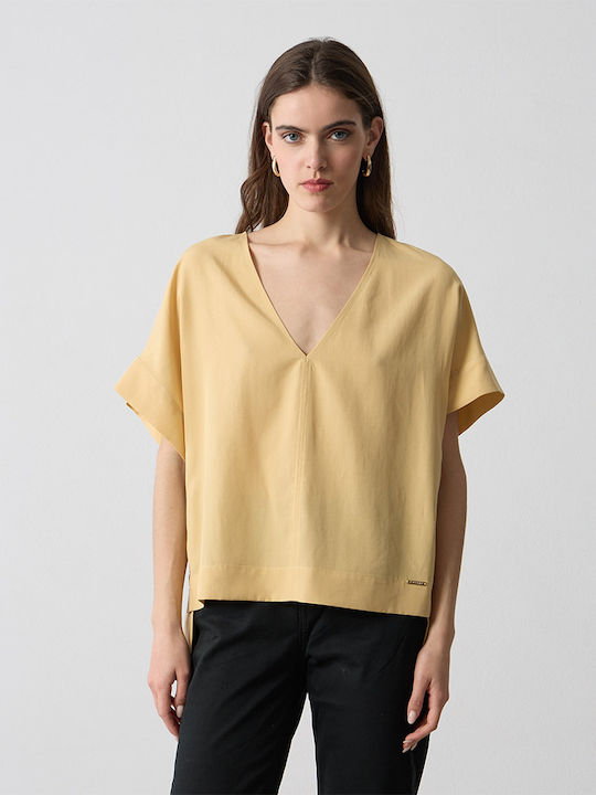 Women's Short Sleeve Blouse with V-Neckline Banana