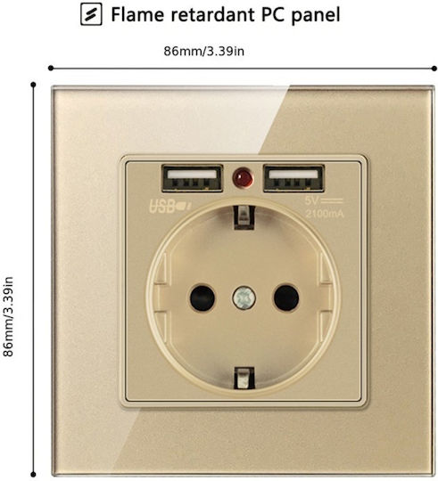 Μονή Πρίζα Ρεύματος με 2 Θύρες USB Χρυσή