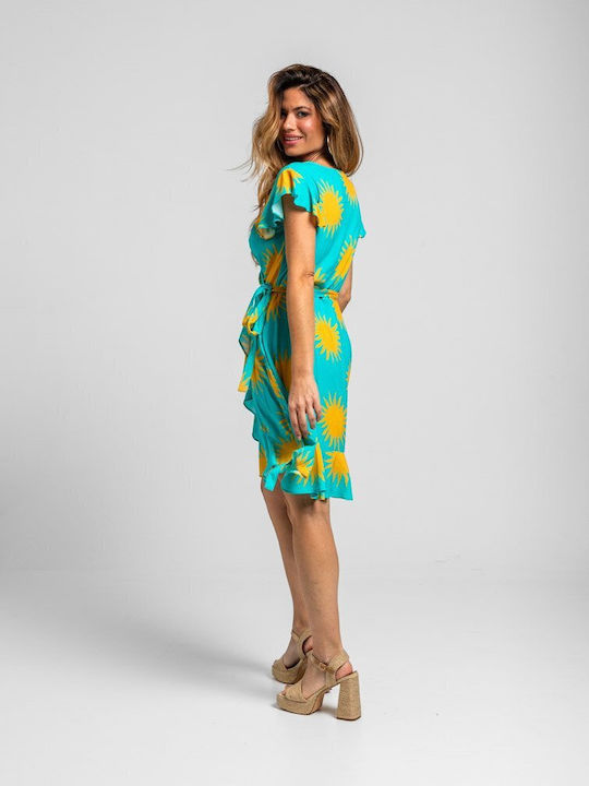 Summer Mini Dress with Ruffles Turquoise