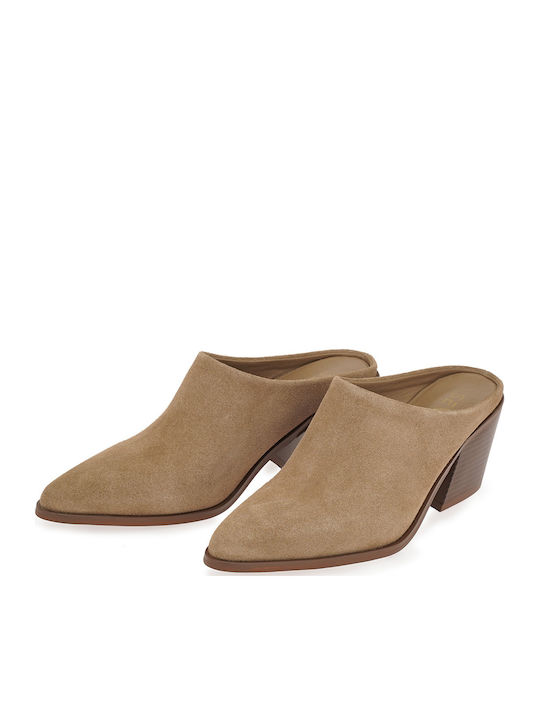 Suede Mules with High Heel in Beige Colour