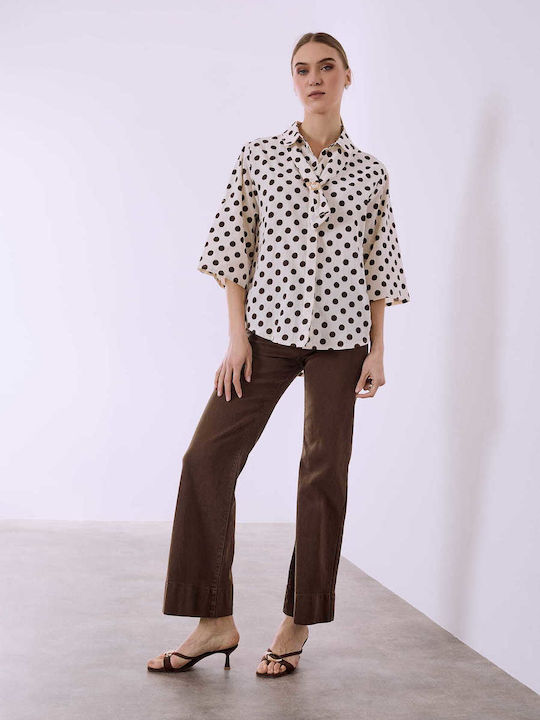 Celestino Damenhemden Polka Dot Asymmetrisch Loose Fit Dunkelbraun