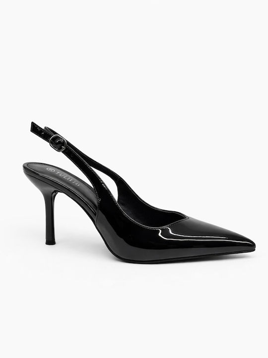 Spitze Zehen Pumps aus Lackleder mit Absatzstilettos & Riemen Schwarz