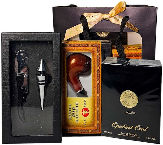 Set Opulent Oud Pentru Bărbați Lattafa Eau de Parfum 100 Ml Set Accesorii Țeavă de Lemn și Vin În Geantă Elegantă
