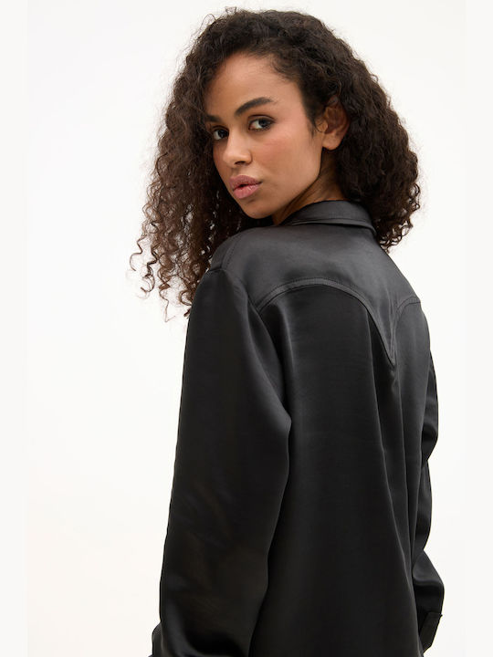 Long Sleeve Women's Satin Shirt Black