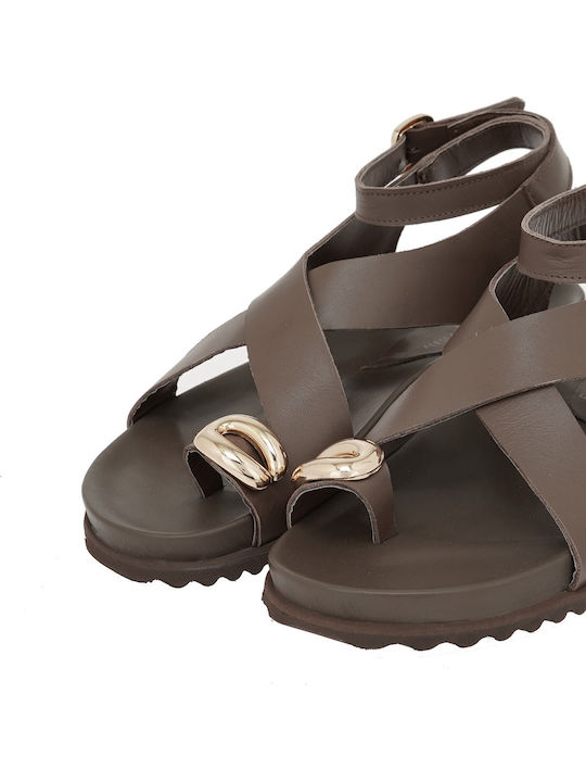Leather Women's Flat Sandals Brown