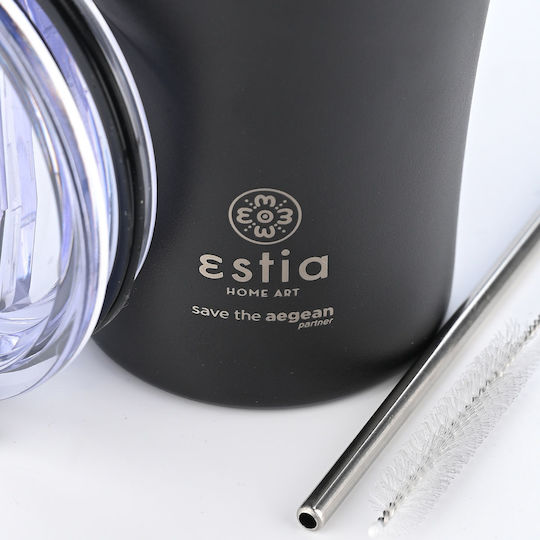 Estia Save the Aegean Ανακυκλώσιμο Ποτήρι Θερμός Ανοξείδωτο 500ml Midnight Black με Καλαμάκι
