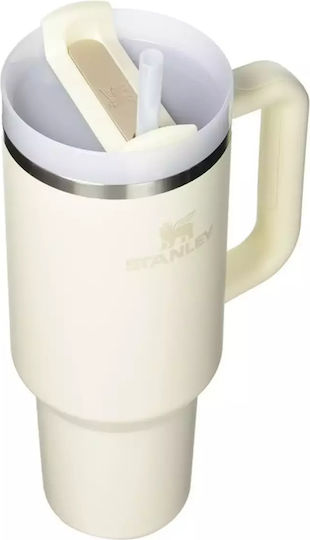 Stanley Quencher Чаша С Дръжка Термос Неръждаема Стомана Без BPA 1.18л Бежов Сламка И Дръжка