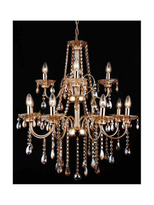 Stewehome Hanging Chandelier Glow Gold 12 Candlesticks With Crystals 65x80cm