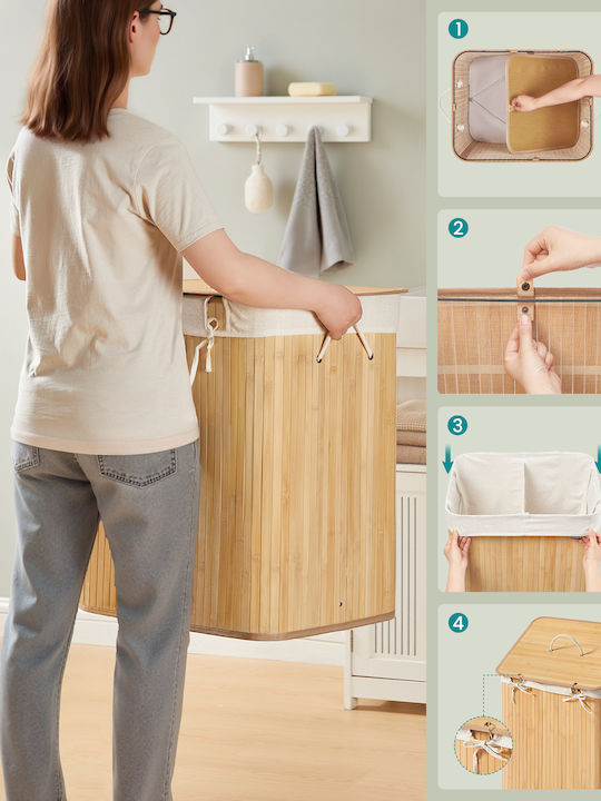 Songmics Set Laundry Baskets Bamboo 120l with Lid 50x40x61cm White