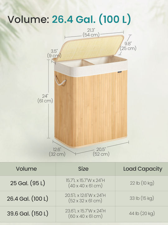 Songmics Καλάθι Απλύτων Bamboo 100lt με Καπάκι