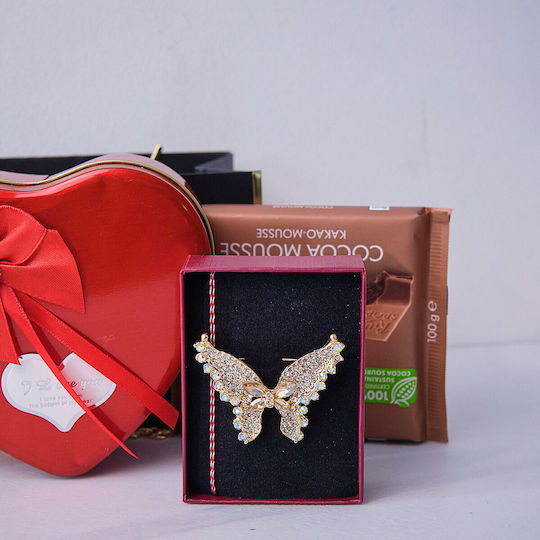 Tenderness Gift Set Butterfly Martisor Brooch Eveline Arganandvanilla Hand Cream Ritter Sport Cacao Mousse Chocolate Metal Box Soap Roses Teddy Bear Plus In Elegant Handbag-style Bag Red