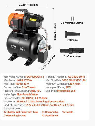 Vevor Elektrische Oberflächenwasserpumpe mit Automatischer Saugung 1hp Einphasig