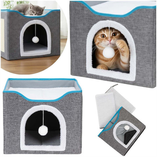 Platformă Căsuță pentru Pisici cu Jucărie Suspendată Structură din Lemn Husă din Material Textil 42x41x34 Cm Gri