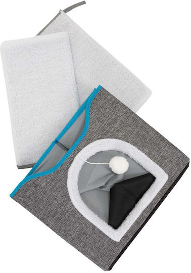 Platformă Căsuță pentru Pisici cu Jucărie Suspendată Structură din Lemn Husă din Material Textil 42x41x34 Cm Gri
