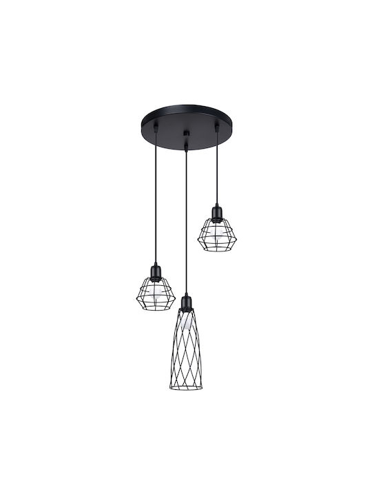 Sollux 3p Pendant Light Black with Socket E27 38x38x20cm