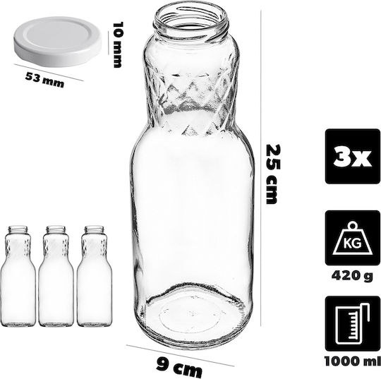 Sticle De Suc Din Sticlă 1l + Capace Negre Fi53 3 Bucăți