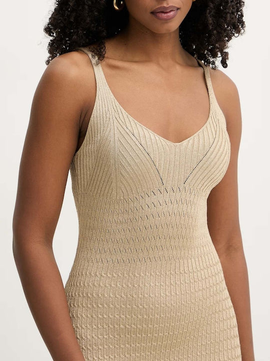 Summer Midi Evening Dress with Mesh Beige