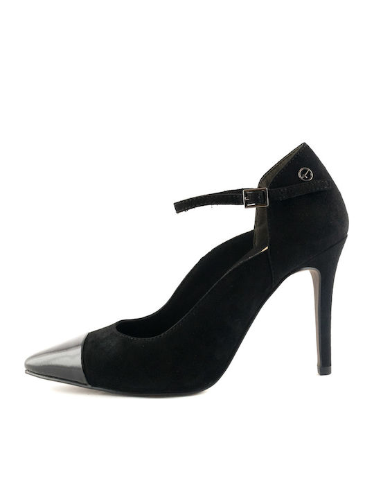 Suede Pointed Toe Heels with Stiletto Heel and Strap Black