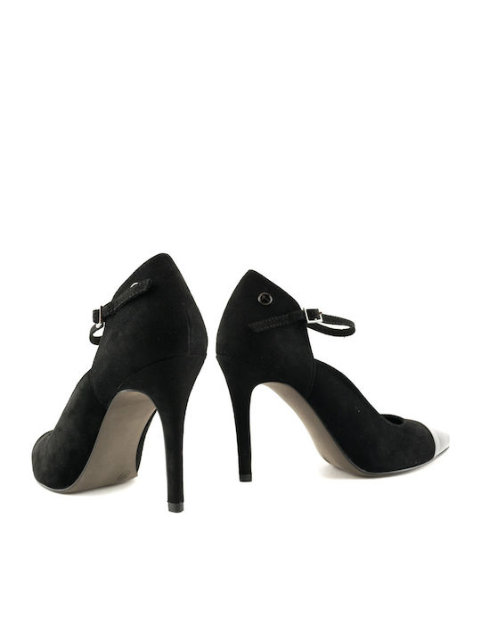 Suede Pointed Toe Heels with Stiletto Heel and Strap Black