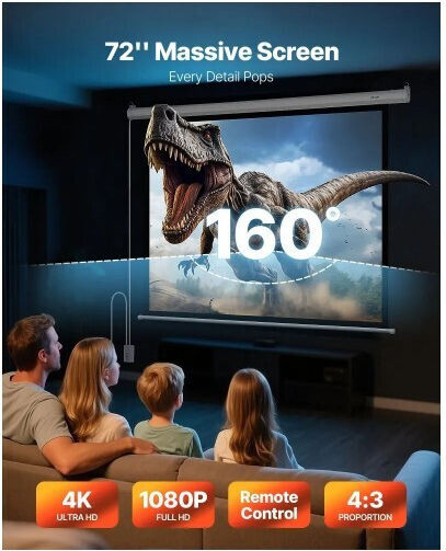 Vevor Electric Projection Screen for Projector for Wall/Ceiling with 4:3 Aspect Ratio / 72"