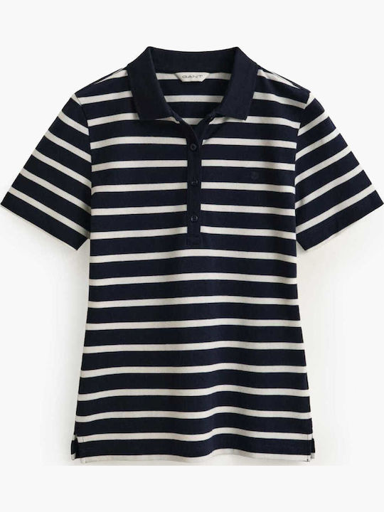 Damen Polo Bluse Kurzärmelig Gestreift Dunkelblau
