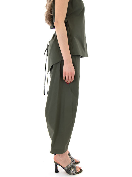 Damen Hochbund Stoffhose mit Gummiband in Balloon Bein Stil Khaki