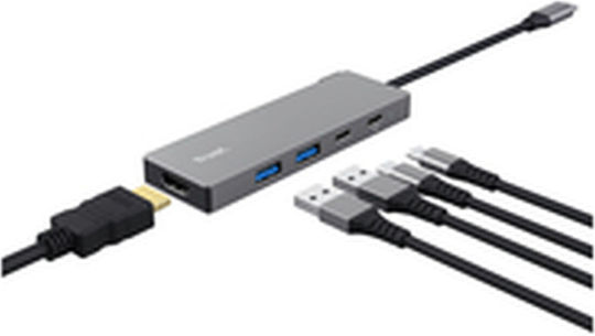 Trust Hub 4 Porturi cu Conectare USB-C / USB-A Gri