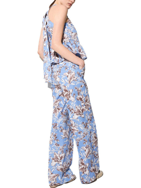 Pantaloni Dama Largi Stil Palazzo Fit Floral Albaștri