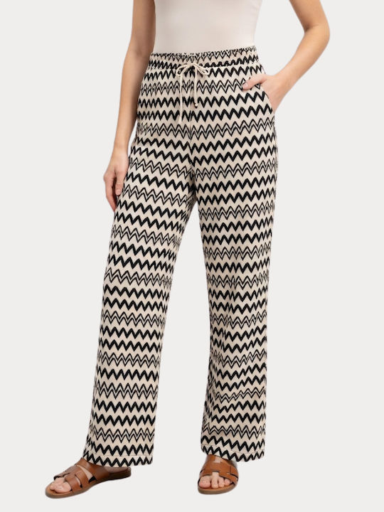 Women's High Rise Fabric Trousers in Wide Leg Style Black / Beige