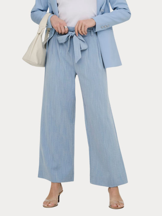 Solid Women's High Waist Fabric Flared Pants in Paperbag Fit Blue