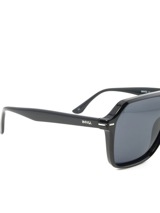 Invu Men's Sunglasses with Black Horn-Rimmed Frame and Black Polarized Mirror Lenses