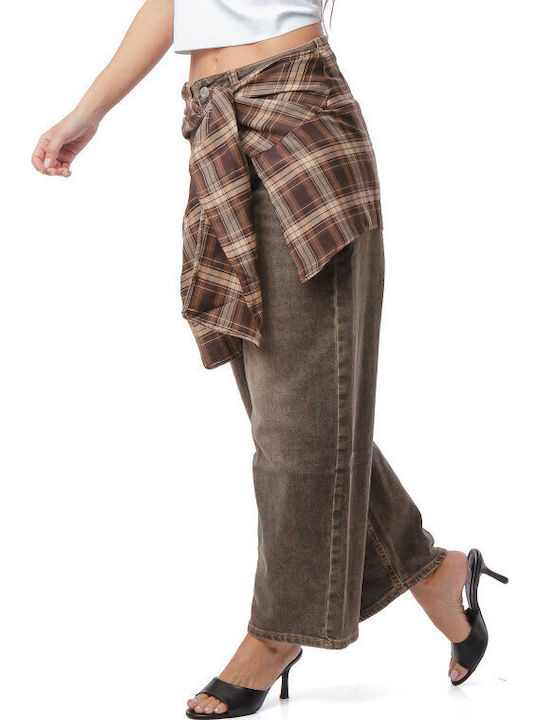 High Rise Women's Jean Pants in Wide Leg Style Brown