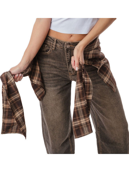 High Rise Women's Jean Pants in Wide Leg Style Brown